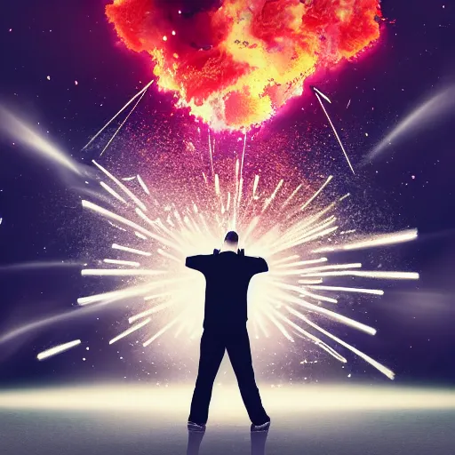 Prompt: man hitting the ground creating a explosion, anime, album cover, musical notes