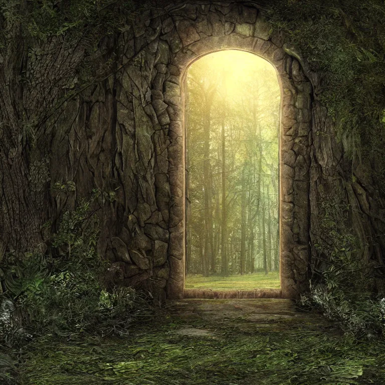 Image similar to Secret lit doorway portal in the dark mysterious forest photorealistic