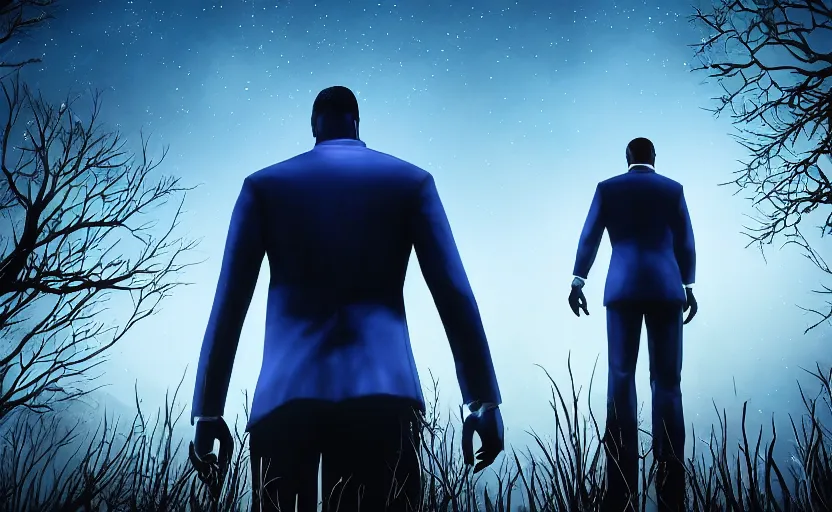 Image similar to cinematic view from behind a dead by daylight killer wearing a blue business suit looking up to the night sky, stars look like a scales of justice, character portrait, digital art