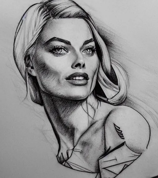 Image similar to mash up tattoo sketch of margot robbie with beautiful mountain scenery, in the style of arlo dicristina, amazing detail, sharp