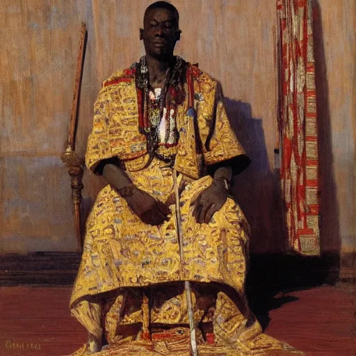 Image similar to king of benin on his throne in traditional dress, 1905, bright, highly detailed, oil on canvas, by Ilya Repin