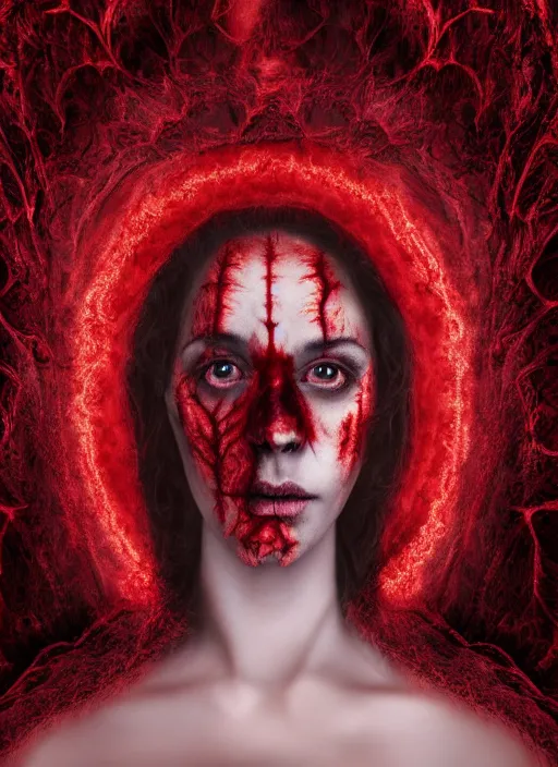 Image similar to dramatic red matte portrait painting of woman with black mandelbrot fractal instead of face, horror, body horror, dark art, 4 k, detailed, realistic, psychotic, insane, crazy, mental illness, dramatic,