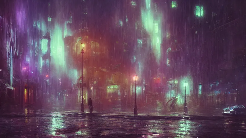 Prompt: a surreal dreamlike scene of a lone ghostly spirit wisp floating through a colorful alien city at night, somber melancholic matte painting, light rain, highly detailed oil painting, liminal space, 8k, stillness, solitude, soft calm warm neon atmosphere, masterpiece