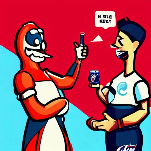 Image similar to An anthropomorphic can of coca-cola talking to an anthropomorphic can of pepsi cola, digital art, artstation