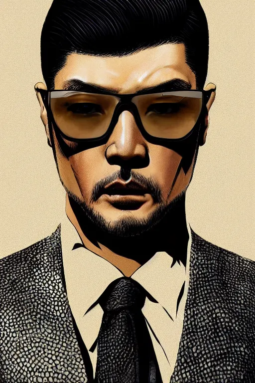 Prompt: yakuza lean guy, gold suit jacket in snake print, jacket over bare torso, yakuza tattoo on body, black short curtain haircut, black leather pants with black belt, rayban transparent eyeglasses, portrait, elegant, 2d, ultra highly detailed, digital painting, smooth, sharp focus, artstation, art by Ilya Kuvshinov, rossdraws