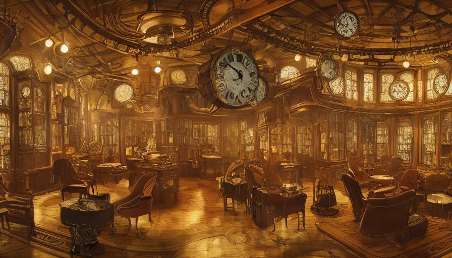 Prompt: a circular common room full of antique clocks, high detail, concept art, illustration, steampunk, fantasy, mechanical, 4 k, trending on artstation