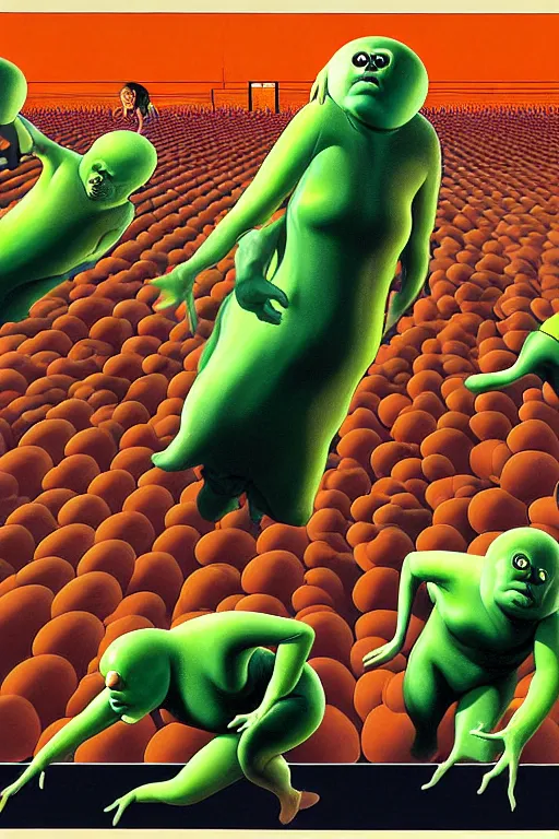 Prompt: a hyperrealistic painting of transparent blob creatures chasing people at the supermarket, by chris cunningham and richard corben, highly detailed, vivid color,