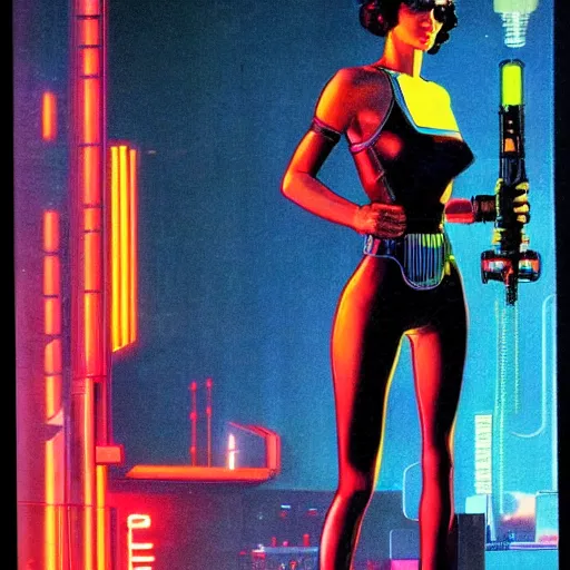 Image similar to cable plugged into cyberdeck, right temple, cyberpunk woman, computer, 1 9 7 9 omni magazine cover, style by vincent di fate, cyberpunk 2 0 2 0