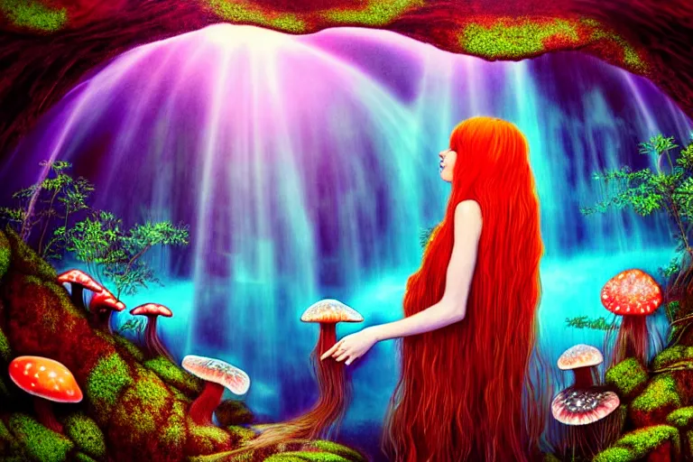 Prompt: a realistic portrait of a beautiful red haired mushroom goddess, inside a waterfall, in an enchanted psychedelic mushroom forest, butterflies, sunbeams at sunset, wlop