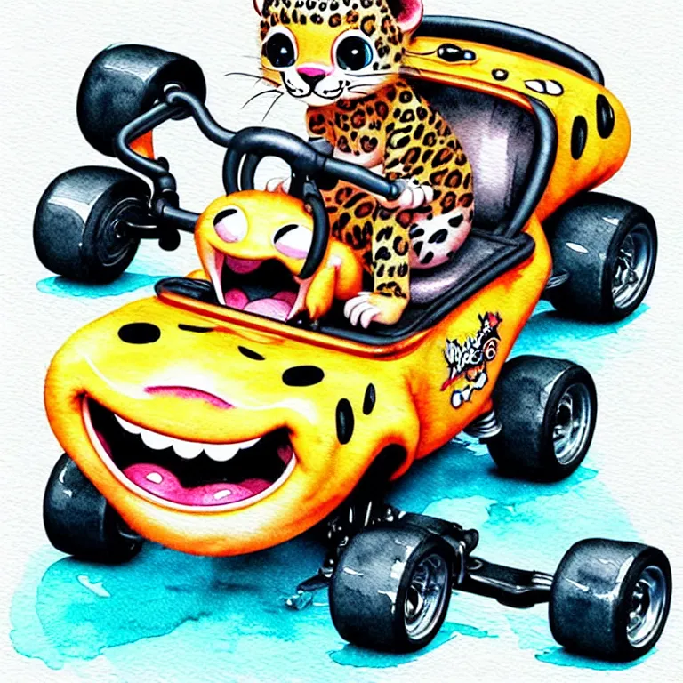 Image similar to cute and funny, baby leopard riding in a tiny go kart with oversized engine, ratfink style by ed roth, centered award winning watercolor pen illustration, isometric illustration by chihiro iwasaki, edited by range murata, tiny details by artgerm and watercolor girl, symmetrically isometrically centered