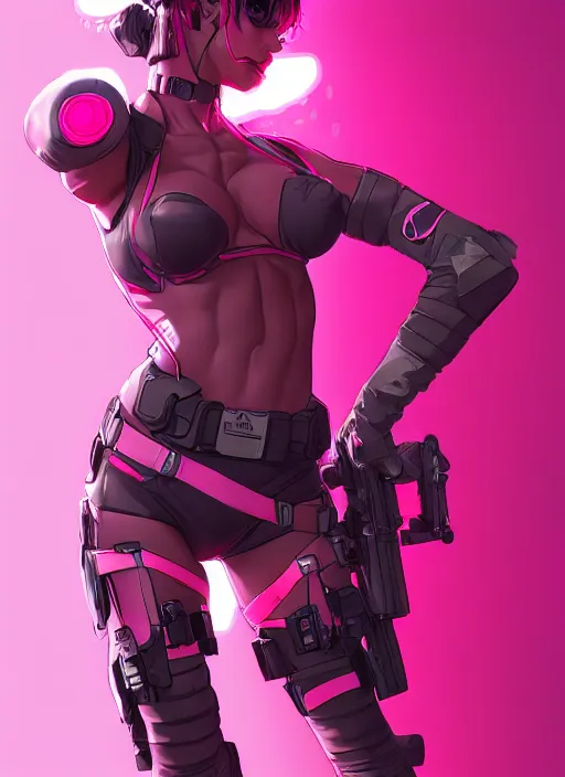 Prompt: female sexy soldier, wide angle view, neon pink and black color scheme, highly detailed, artgerm, cushart krenz, metal gear solid style, trending on artstation, soft light, sharp focus, illustration, character design, concept art