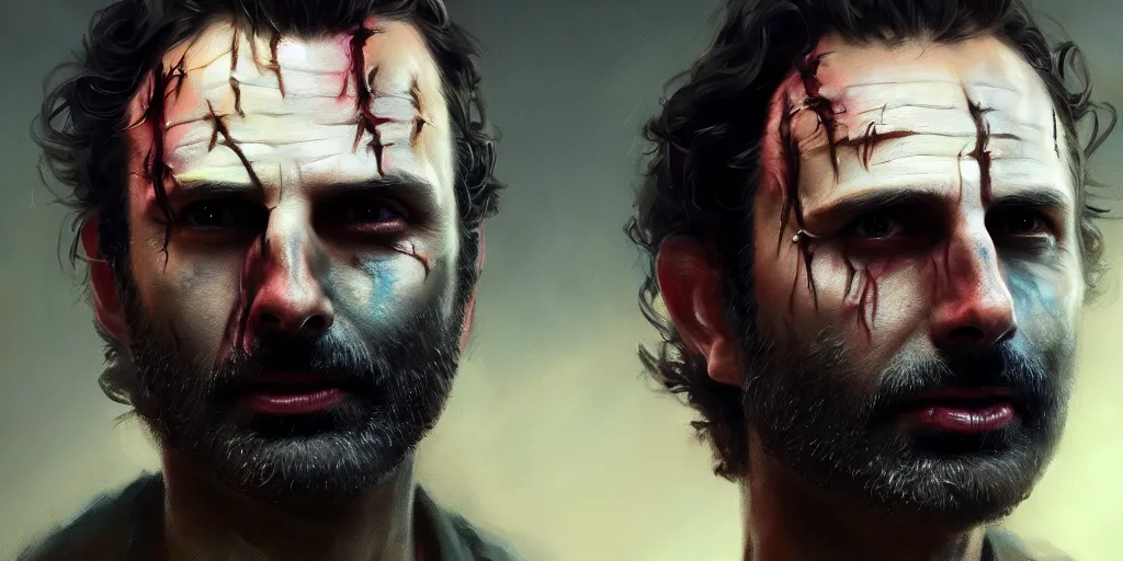 Image similar to portrait of rick grimes with halloween makeup,, extremely detailed digital painting, in the style of fenghua zhong and ruan jia and jeremy lipking and peter mohrbacher, mystical colors, rim light, beautiful lighting, 8 k, stunning scene, raytracing, octane, trending on artstation