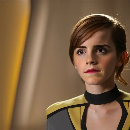 Prompt: Emma Watson in Star Trek, XF IQ4, f/1.4, ISO 200, 1/160s, 8K, Sense of Depth, color and contrast corrected, unedited, Dolby Vision, symmetrical balance, in-frame