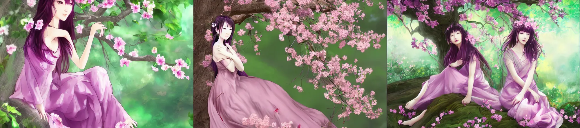 Prompt: beautiful Japanese girl with pink eyes and full body, her face is a mauve flower like colorful purple gown with white sheen and long hair sitting on apple tree, awesome, inspire, artstation