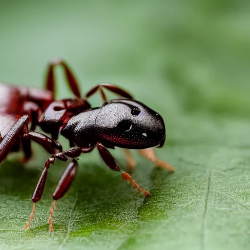 Prompt: robotic ant on a green leaf, macro photography, 8 k, moody lighting, shallow depth of field,