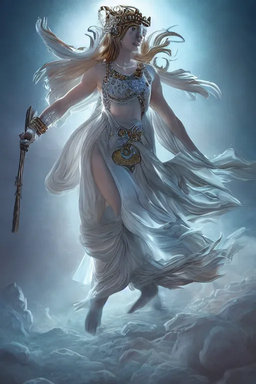 Image similar to goddess athena dancing in the wind, zodiac knight, beautiful, ethereal, gorgeous, volumetric lighting, elegant, fluid, highly detailed, digital painting, concept art, highly detailed, smooth, illustration, limited color palette, atmosphere and tension, trending on artstation