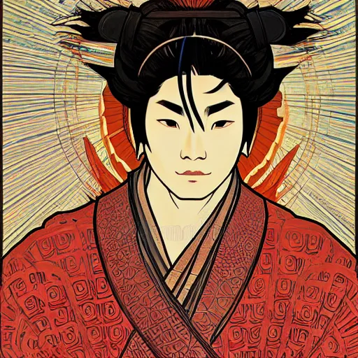 Image similar to portrait of a samurai, red moon on the background, illustration, pop art, thick brush, art by alphonse mucha, makoto shinkai