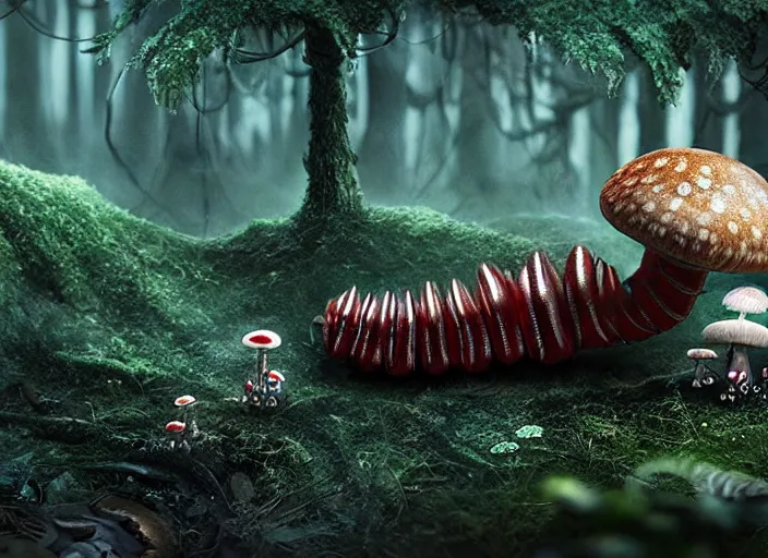 Image similar to intricate mechanical caterpillar sitting on top of a mushroom in a magical forest. Very detailed 8k. Fantasy cyberpunk horror. Sharp. Cinematic post-processing