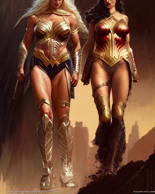 Image similar to lindsey pelas and gal gadot, character portrait, concept art, intricate details, highly detailed by greg rutkowski, gaston bussiere, craig mullins, simon bisley