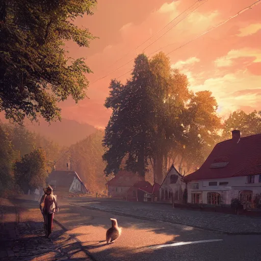 Image similar to a beautiful hyper realistic photo of banska stiavnica in summer with old houses and trees in sunset, sky, one cat crossing road, unreal engine, by greg rutkowski and james gurney, artstation