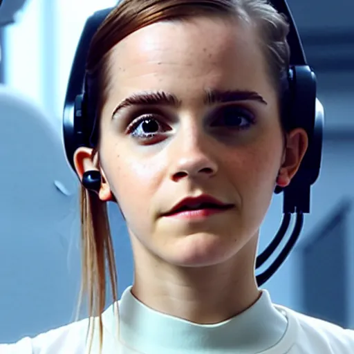 Image similar to Emma Watson wearing modern tech gear, directed by Denis Villeneuve, cinematic, 4k