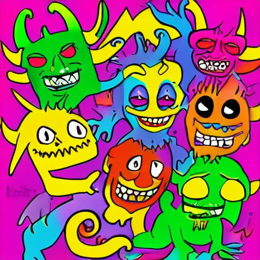 Image similar to Happy colorfull demons, xcopy style, baquiat