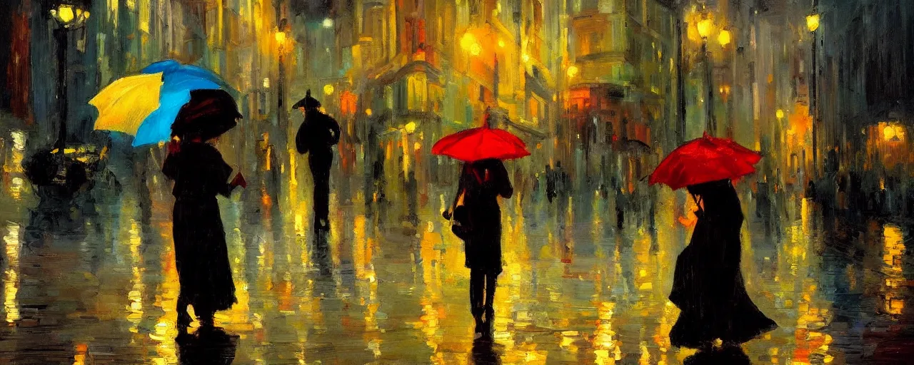 Prompt: evening city scene with central woman with umbrella. beautiful use of light and shadow to create a sense of depth and movement. uses energetic brushwork and a limited color palette, providing a distinctive look and expressive quality in a rhythmic composition