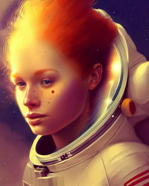 Prompt: female astronaut, perfect face, ginger hair, cinematic, freckles, stunning, athletic, strong, agile, highly detailed, psychedelic, digital painting, artstation, smooth, hard focus, illustration, art by jessica rossier and and brian froud