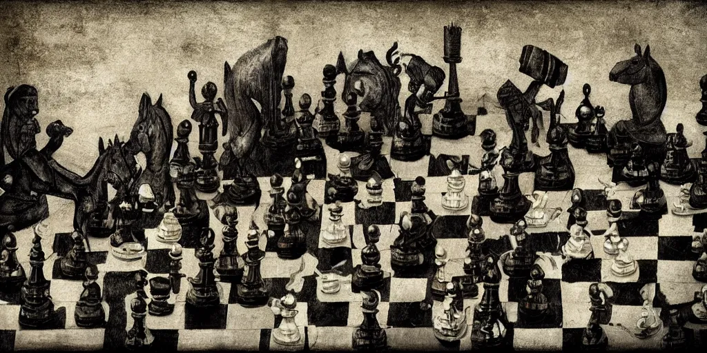 prompthunt: chess game, chess, black square, white square, gameplay in  style of hieronymus bosch paintings, painting, gameplay, high detailed,  dark fantasy, dark tones, armored units, high detailed, contrast, octane  render, mill, farm