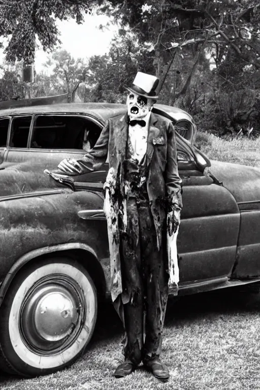 Image similar to A zombie gentleman with a cane stands in the picture near a retro car