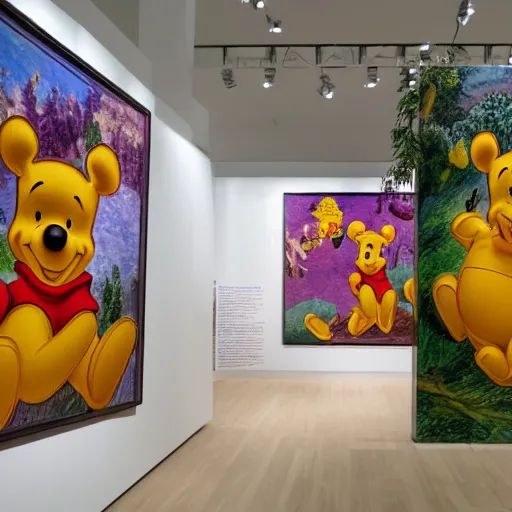 Image similar to winnie the pooh goes to an exhibition about honey, paintings of honey comb, sculptures of bees, white gallery, contemporary art, photorealistic