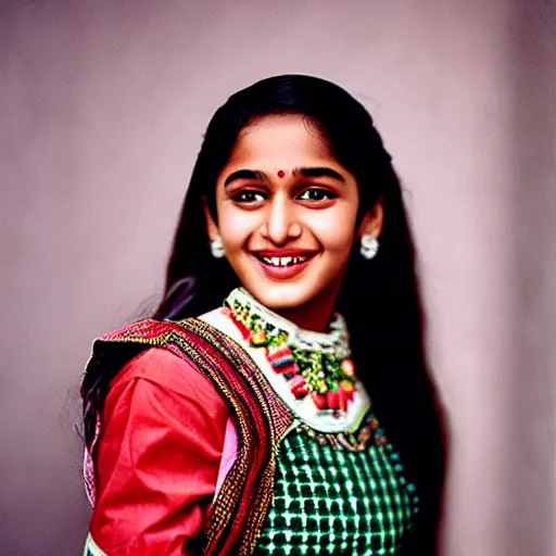 Prompt: dslr photo portrait still of beautiful cute 1 5 year old age 1 5 madhuri dixit wearing assamese mekhela bihu costume at age 1 5!!!, 8 5 mm f 1. 8 by edward robert hughes, annie leibovitz and steve mccurry, david lazar, jimmy nelsson