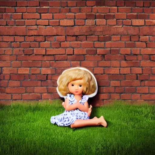 Image similar to plastic doll with giant realistic hands eating a cookie sitting on brick wall, garden background, sky, photo, hd