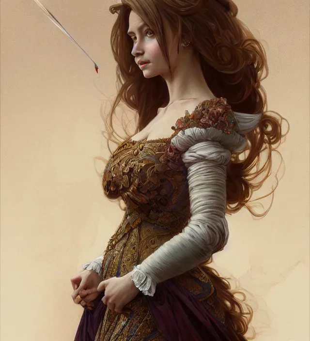 Image similar to portrait of a full body of young beautiful female princess, d & d, baroque dress, elegant, flat lighting, intricate, highly detailed, digital painting, artstation, concept art, smooth, sharp focus, illustration, art by simon bisley and greg rutkowski and alphonse mucha, natural tpose