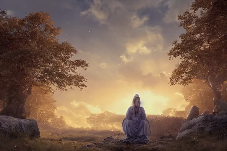 Prompt: scene with a beautiful realistic blond priestess, 30 years old woman, praying in an antic sanctuary, in front of the horizon at dawn, some clouds, runic stones and columns in the background, some trees, cinematic light, digital painting by Magali Villeneuve and wlop, atmospheric effects, fireflies, 4K, artstation, deviantart