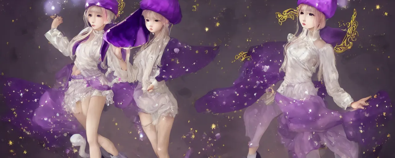 Image similar to Full View of a mysterious kpop fairy maidens with short blond hair wearing an oversized purple Beret, Baggy Purple overall shorts, Short Puffy pants made of silk, silk shoes, a big billowy scarf, Golden Ribbons, white leggings Covered in stars. Short Hair. peasant magic. masterpiece 4k digital illustration by Ruan Jia and Mandy Jurgens and Artgerm and william-adolphe bouguereau, award winning, Artstation, art nouveau aesthetic, Alphonse Mucha background, intricate details, realistic, panoramic view, Hyperdetailed, 8k resolution, intricate art nouveau, smooth, sharp focus