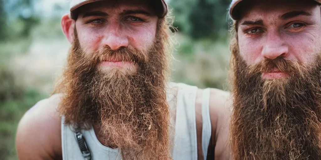 Prompt: extremely muscular beautiful handsome redneck white male with long beard, wearing dirty overalls, dirty greasy face, grin, portrait, close up, kodak gold 2 0 0, 5 0 mm