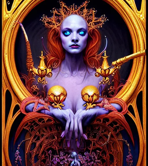 Prompt: symmetrical painting, a beautiful female sorceress in dress, pretty, detailed and intricate, perfect body shape, perfect face, hypermaximalist, elegant, ornate, luxury, elite, matte painting, cinematic lighting, james jean, brian froud, wayne barlowe,