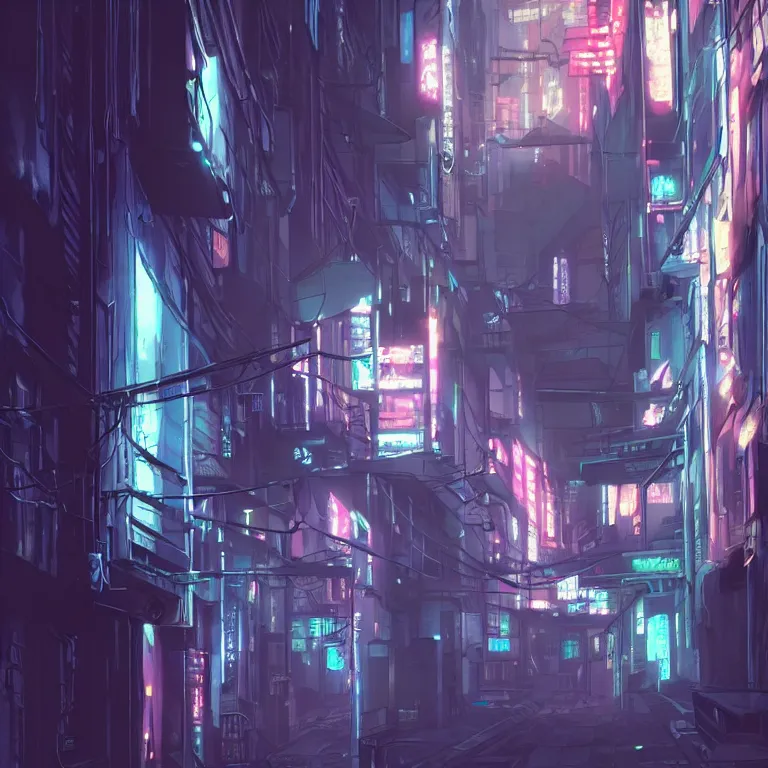 Prompt: city alleyway in the atmospheric cyberpunk anime film, gouache matte background painting, neon noir, at night with lights, by makoto shinkai, in the anime series ergo proxy, beautiful specular edge highlights and rim lighting