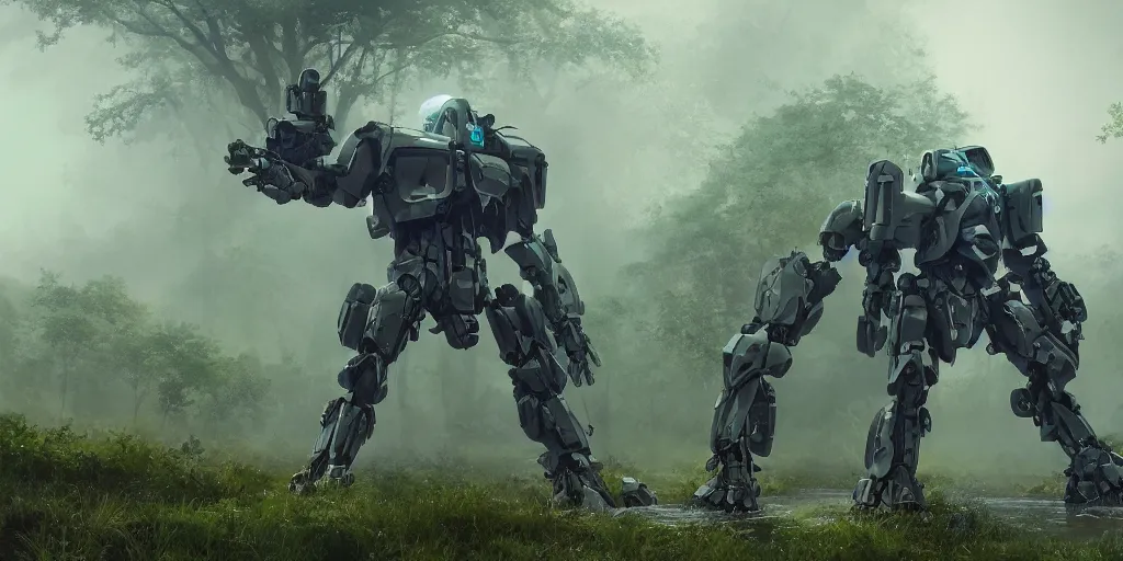 Image similar to concept art of heavy mecha trooper, trees, puddles of water, bushes and leafs, by filip hoda, beeple, greg rutkowski, octane render, cryengine, details, hyper realistic