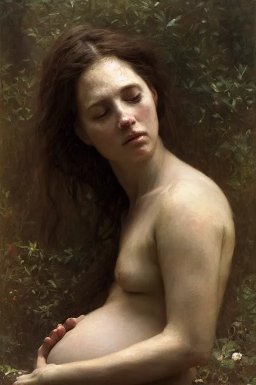 Prompt: pregnant woman in dystopia by Alyssa Monks, Bouguereau. Hyper realism, realistic proportions, dramatic lighting, high detail 4k