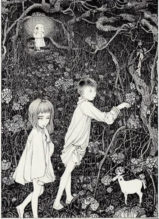 Prompt: boy and girl and a goat in a secret garden, by Vania Zouravliov and Takato Yamamoto, high resolution