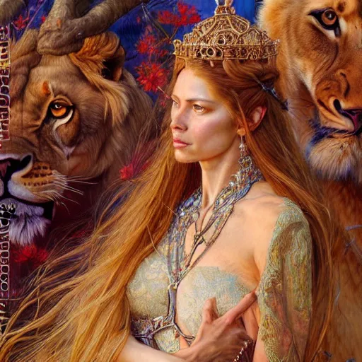 Prompt: highly detailed full portrait of a majestic lioness princess in the form of a beautiful lady. d & d, art by donato giancola and ruan jia and carl larsson and magali villeneuve. trending on artstation, intricate details, energetic composition, golden ratio, concept art, illustration, elegant art