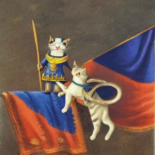 Image similar to a small cat warrior with his national flag riding a large cat steed