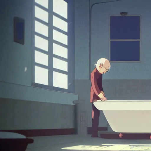 Prompt: bathroom, an old man falls on the floor,anime scenery by Makoto shinkai