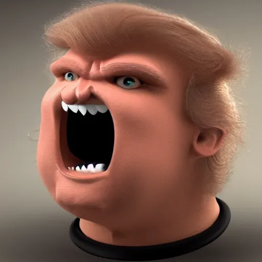 Image similar to fluffy haired donald trump, monster smilling, 3 d.