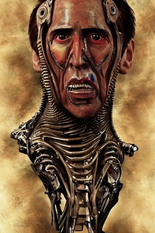 Image similar to Nicolas Cage as biomechanical alien cyborg intricate, smooth, artstation, painted by Hans Giger