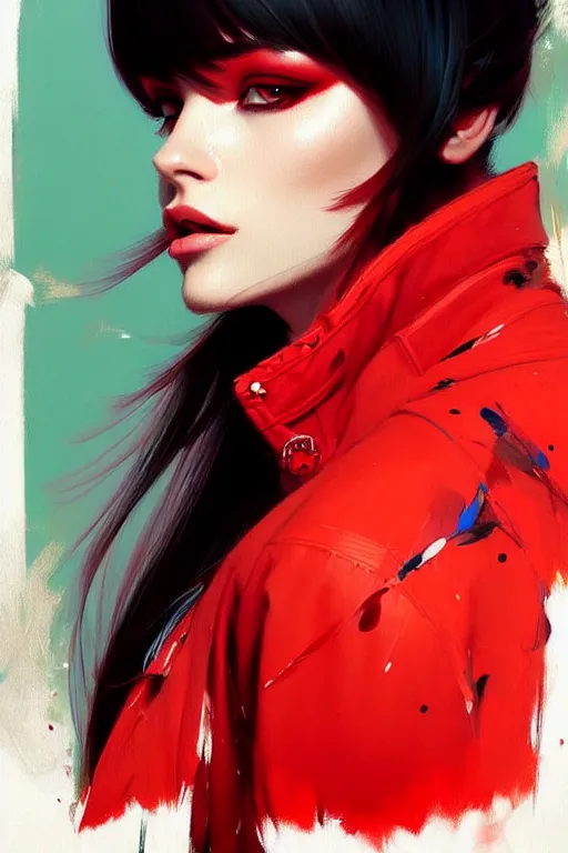 Image similar to a ultradetailed beautiful painting of a stylish woman with bangs in a red jacket, by greg rutkowski, conrad roset and ilya kuvshinov trending on artstation