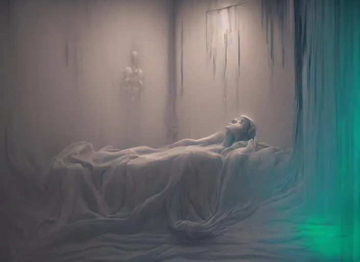 Image similar to rgb, a frozen woman, bedroom full of ice, sadness, cinematic, movie scene, inspired by zdzislaw beksinski, clothes made out of veins,, cables everywhere, bedroom, ultra realistic, concept art, intricate details, highly detailed, photorealistic, octane render, 8 k