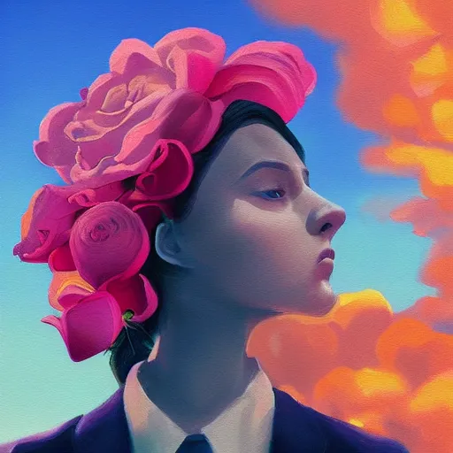 Image similar to closeup, giant rose flower as a head, frontal, girl in a suit, surreal photography, sunrise, blue sky, dramatic light, impressionist painting, digital painting, artstation, simon stalenhag